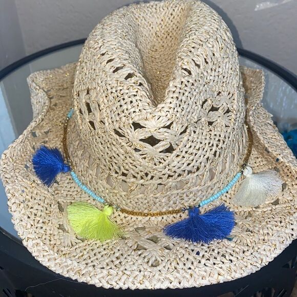 The childrens place l/xl 8+ straw hat gold shimmer w beading and fringe cowgirl - Picture 1 of 3